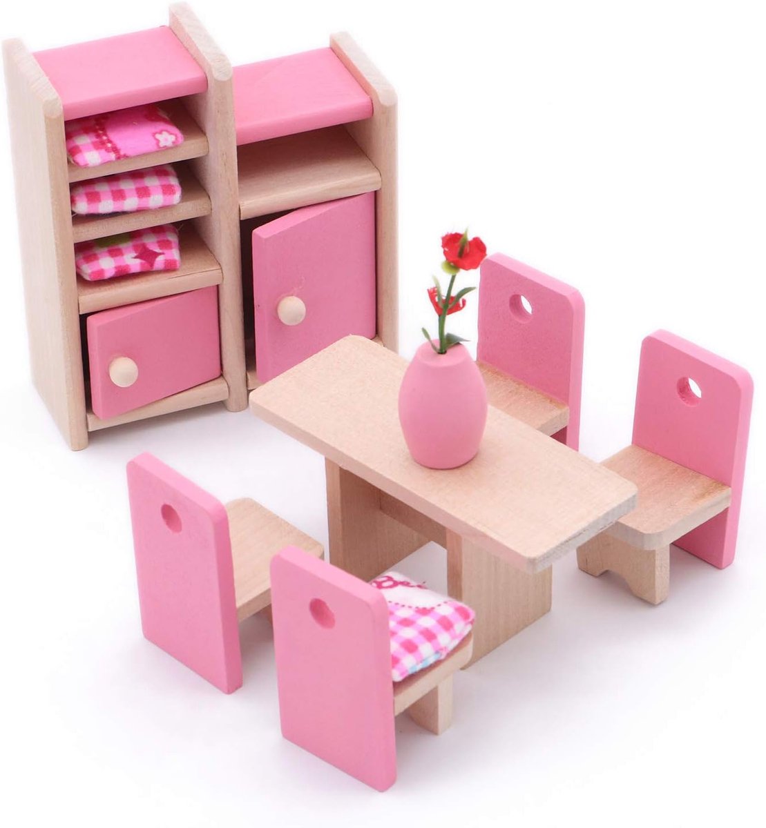 SnelShoppen - Houten Poppenhuis Meubilair Set - Eettafel met Stoelen en Kast - Speelgoed Accessoires voor Kinderen - Perfect voor Creatief Spel en Rol