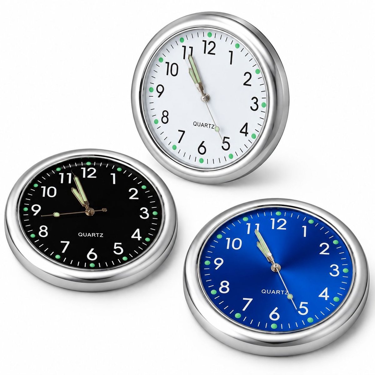 VHV - Ronde vorm lichtgevende dashboard - 3 stuks - Zwart, wit, blauw - Auto dashboard klok - Mini autoklok - Kleine analoge klok - in de keuken