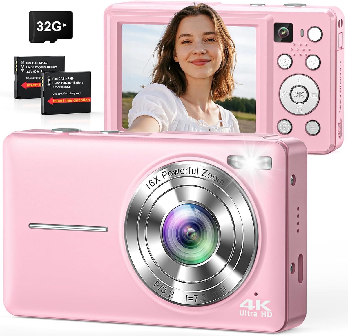 Camera 4K 64MP camera dubbele camera met autofocus, flitser, 16x zoom, anti-shake, 32GB kaart, compacte vlogcamera voor kinderen, tieners, volwassenen, beginners, roze