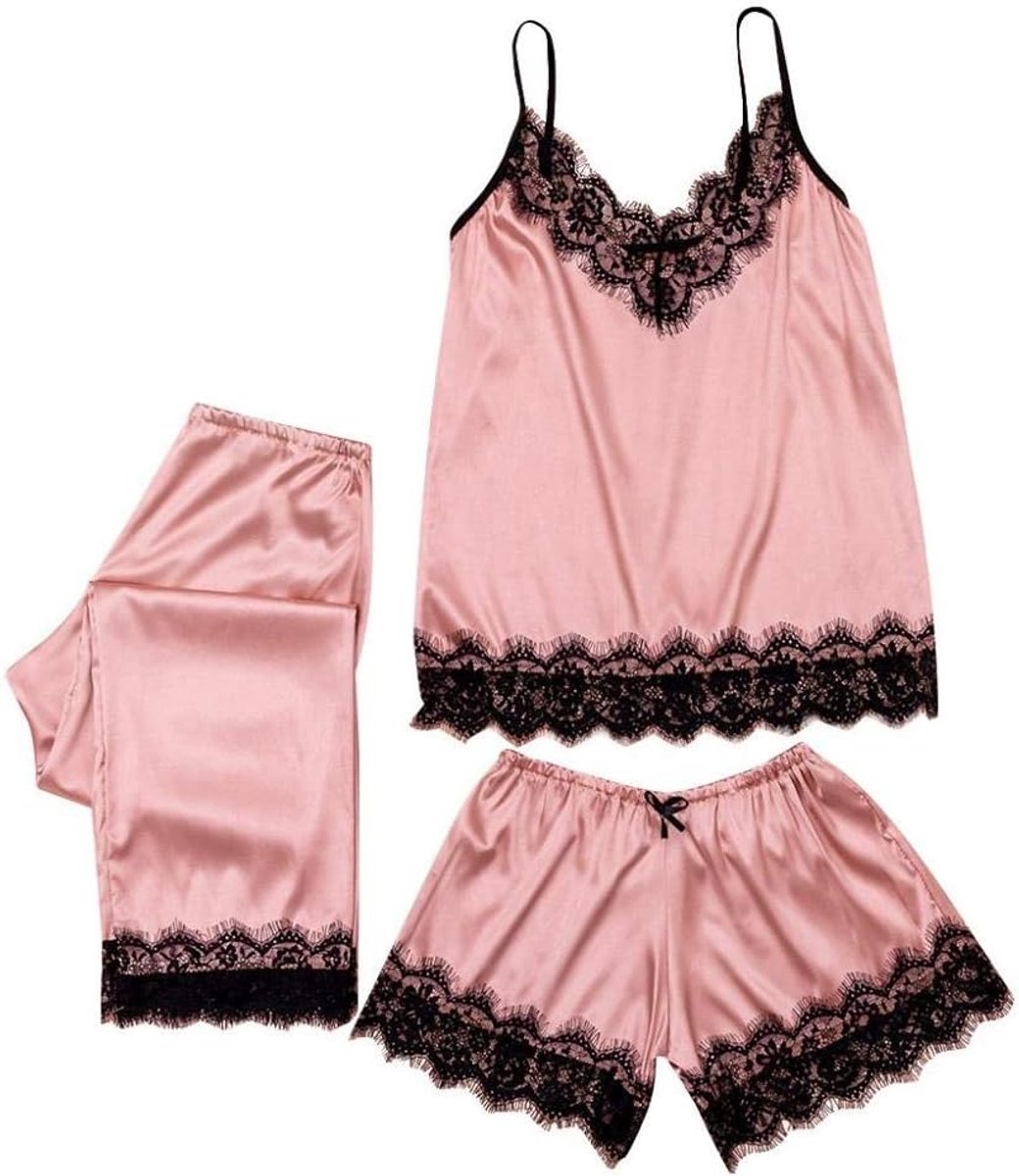 3PC's Damespyjama Sexy Kant Satijnen Nachtkleding Mouwen Lingerie Top set-Rosa_L