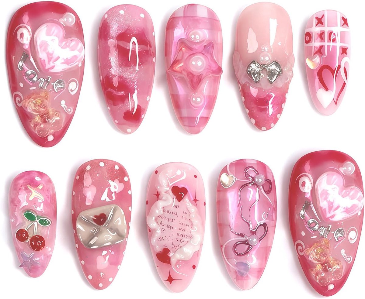 30 stuks press-on nails amandel, 3D hart & kers kunstnagels roze, luxe glanzende kunstnagels met kleefpads en nagelvijl set, herbruikbare kunstnagels