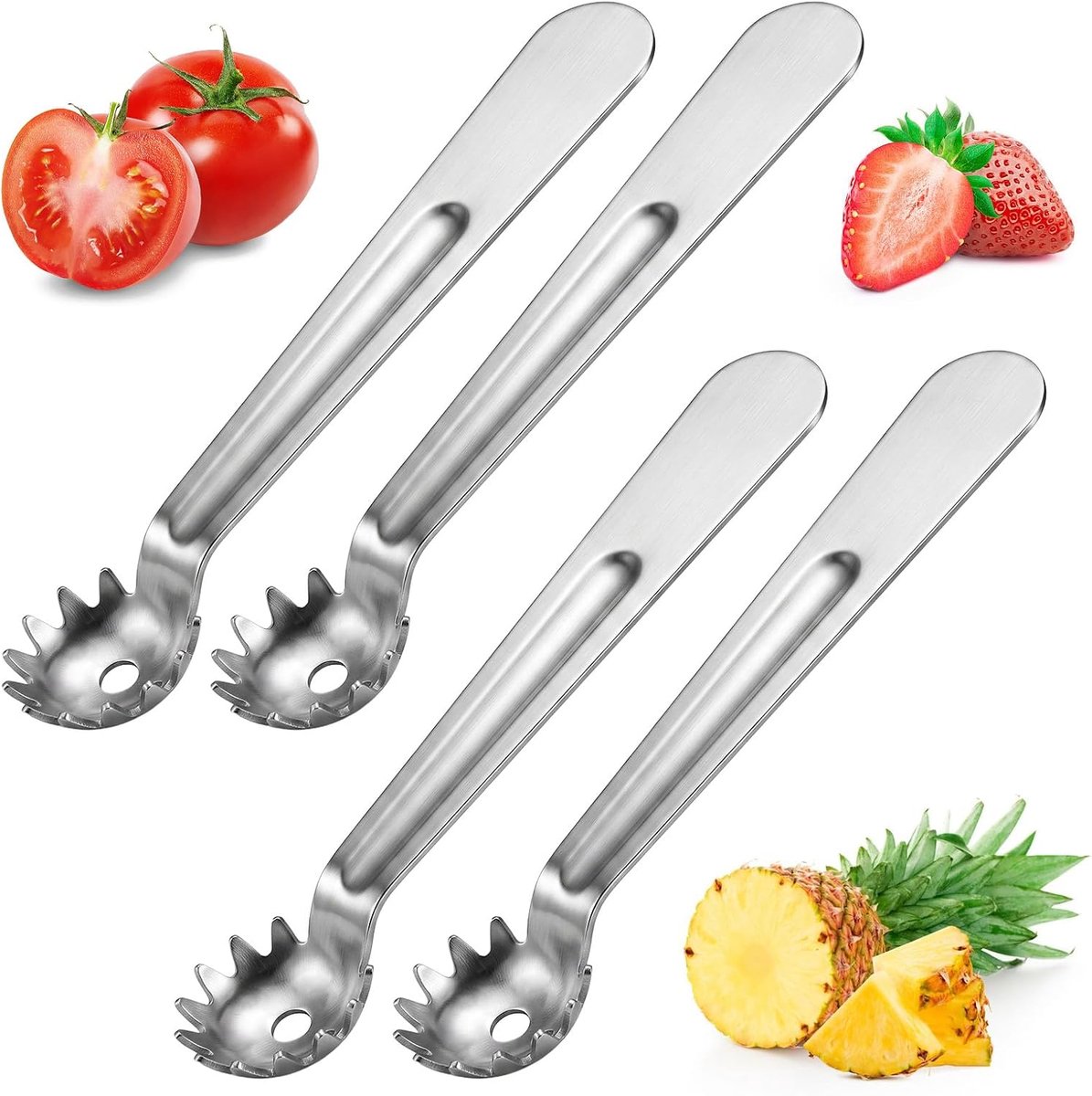 Tomatenontpitter, roestvrij staal, 4 stuks, aardbeien, steelverwijderaar, fruit, groenten, set - ShopVlot