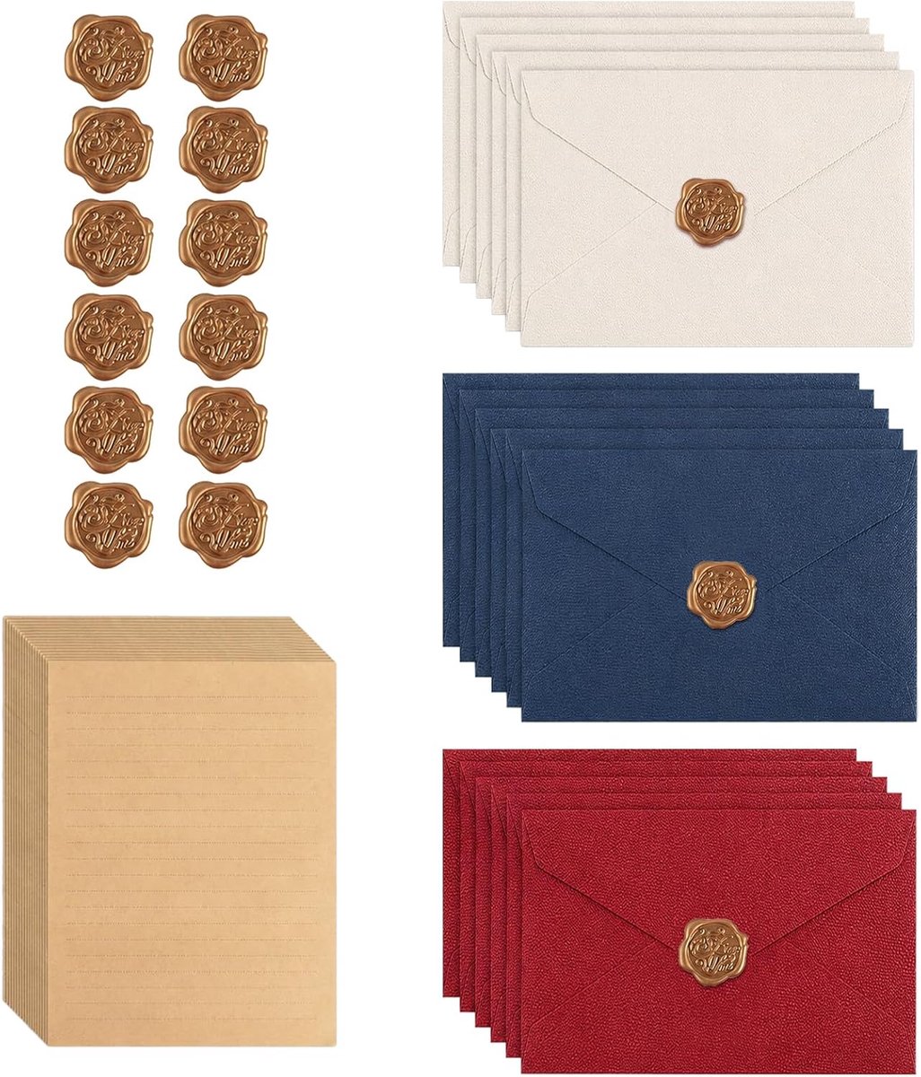 Briefpapier met envelopset – 15 enveloppen, 20 gelinieerde pagina's – Wijnrood, Blauw, Crèmekleurig – Perfect voor - ShopVlot