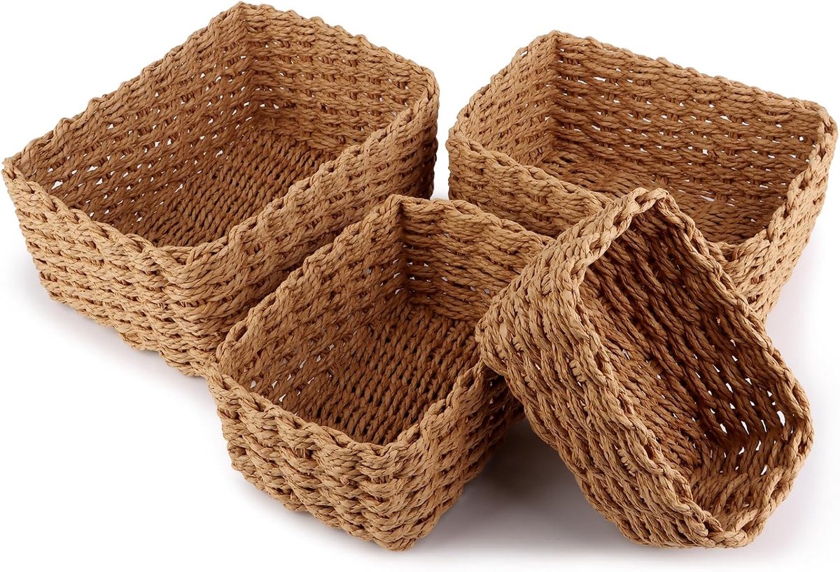 Set van 4 gevlochten opbergmanden, opbergmand, stapelbare mandjes, boho-decoratie van papiertouw, gevlochten luiertafel, opbergmand voor woonkamer, keuken, kinderkamer, badkamer, kleine manden