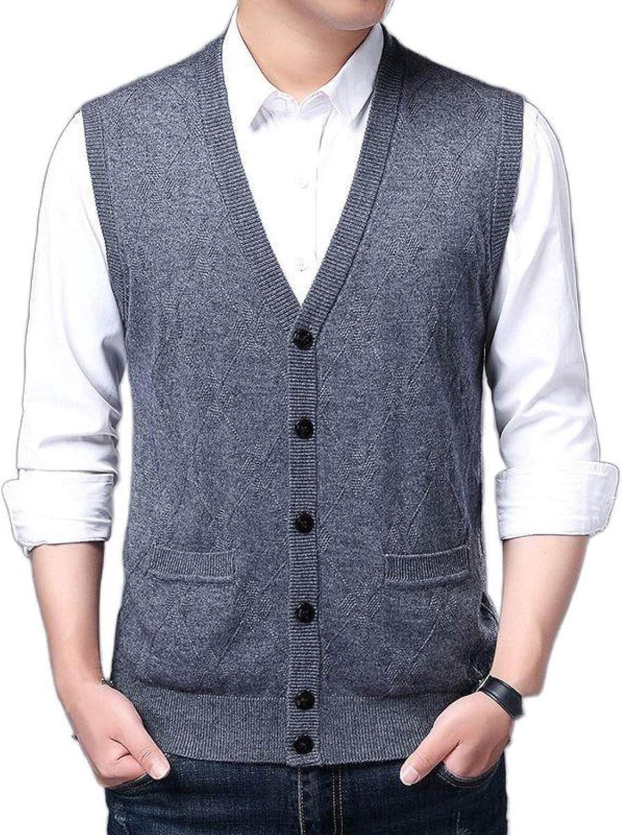Argyle V-Hals Gebreid Vestvest, Herfst En Winter Klassiek Vest Trend Casual Heren Kasjmier Gemengd Vest, Zakelijk Heren Gebreide Trui Vest Tanktops, Middengrijs, S