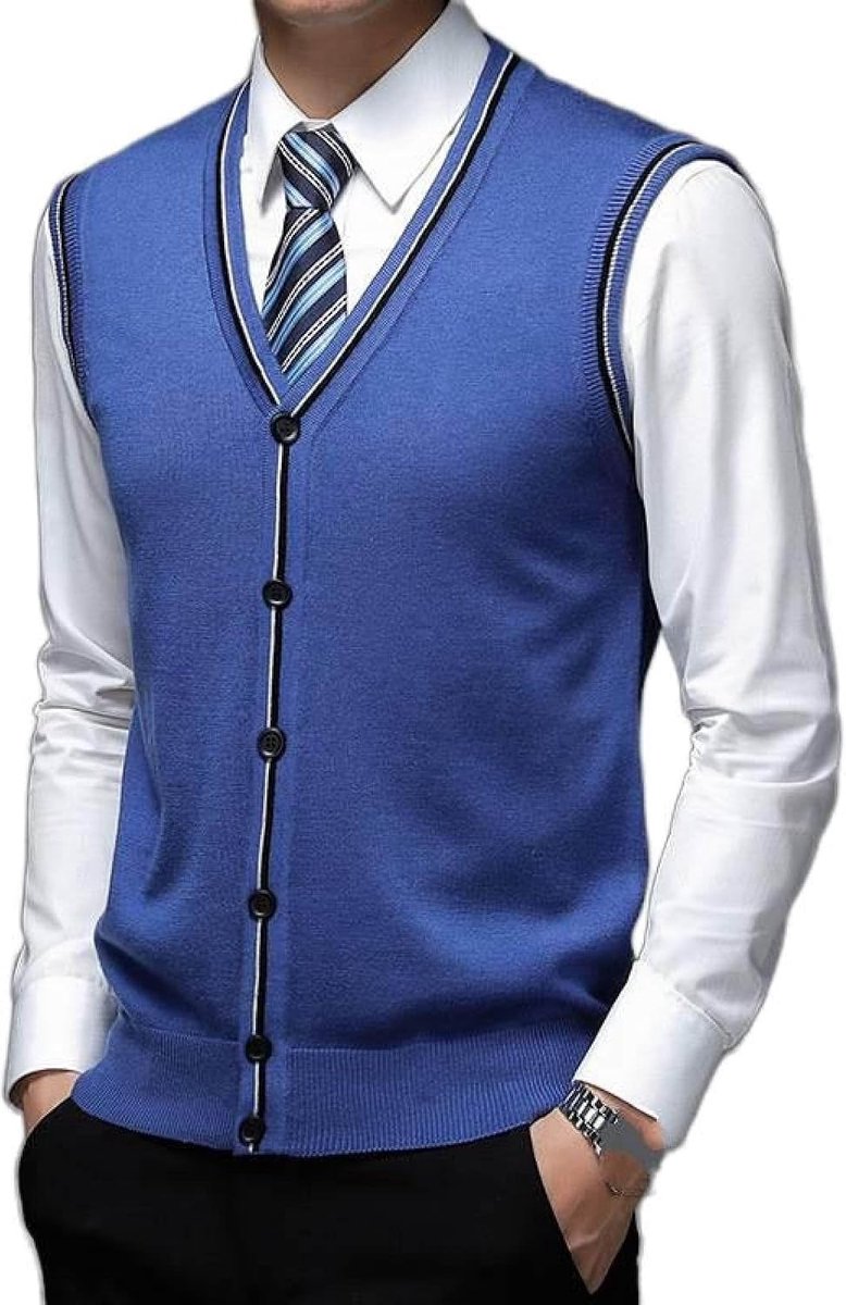 Wollen Garen Gebreid Vest Vest, Herfst En Winter Klassiek V-Hals Vest Trend Casual Heren Kasjmier Gemengd Vest, Gentleman Knitwear Sweater Vest Tank Tops, Blauw, S