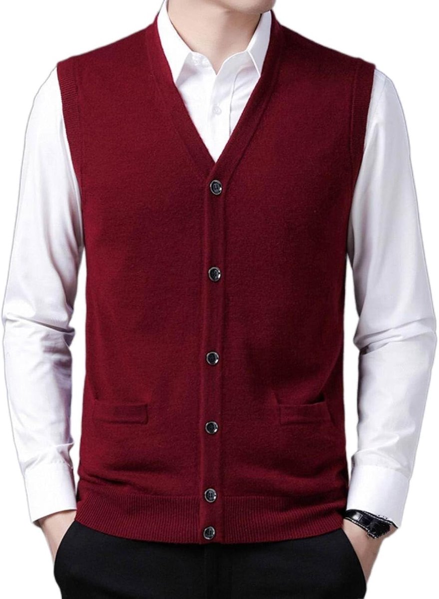 Vest Met V-Hals, Gebreid Vest, Herfst En Winter Klassiek Vest Trend Casual Effen Kleur Heren Kasjmier Gemengd Vest, Zakelijk Heren Gebreide Trui Vest Tanktops, Wijnrood, S