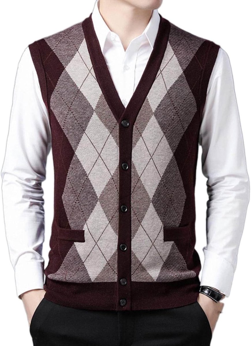Argyle Vest Voor Heren Met V-Hals, Jeugdmode Heren Gebreid Vest Bovenkleding Casual Trendy Trui, Klassiek Zakelijk Heren Breigoed Gebreid Vest Trui Vest Tanktops,Wijnrood,S