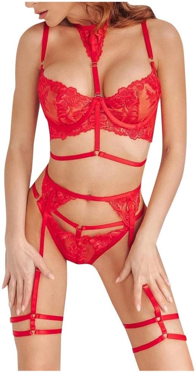 Kleding Draadloze bandage sexy lingerie dames set kousenband + kanten bh + korte verleiding perspectief erotisch ondergoed