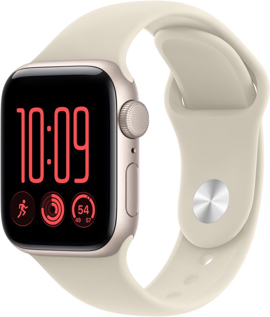 Apple Watch SE met beige band, digitale klok met rode cijfers, zilverkleurige knop en digitale kroon.