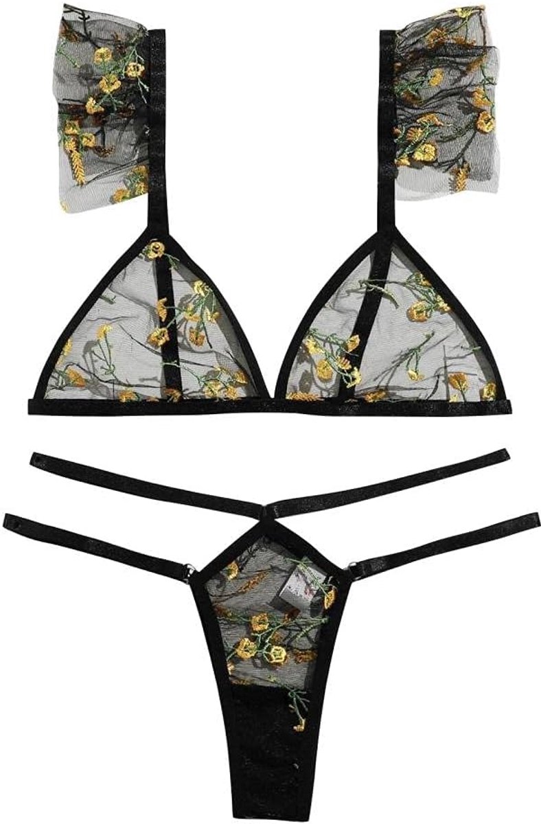 Sets met nachtmode & ochtendjas Dames kanten lingerie geborduurd sexy ondergoed pure beha panty lingerie set-Black_S