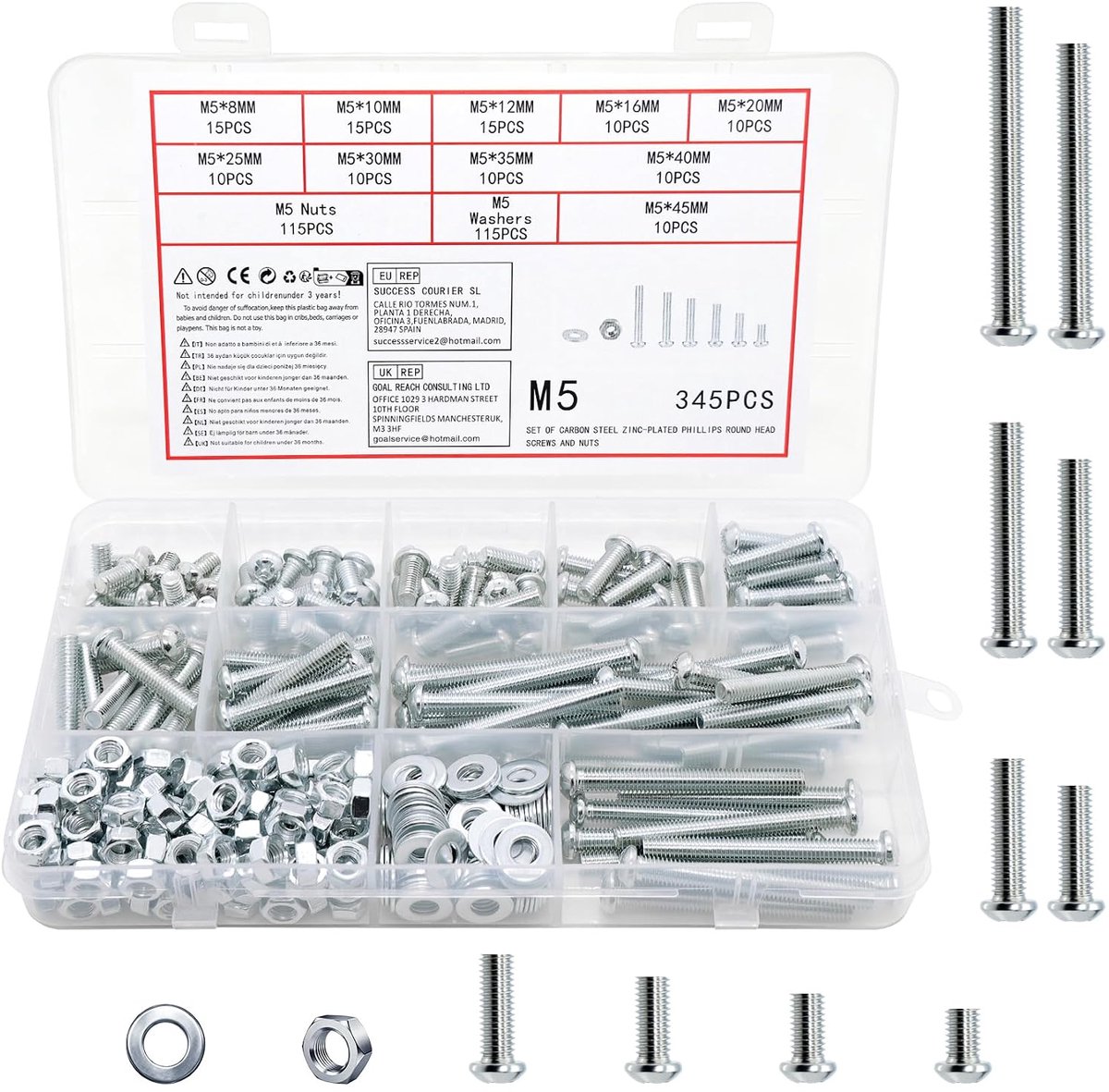 345 stuks M5 schroevenset, lenskopschroeven, moeren en sluitringen, kruiskopschroeven met moeren, schroefdraadschroeven, machineschroeven en moeren assortimentset (zilver 345 M5)