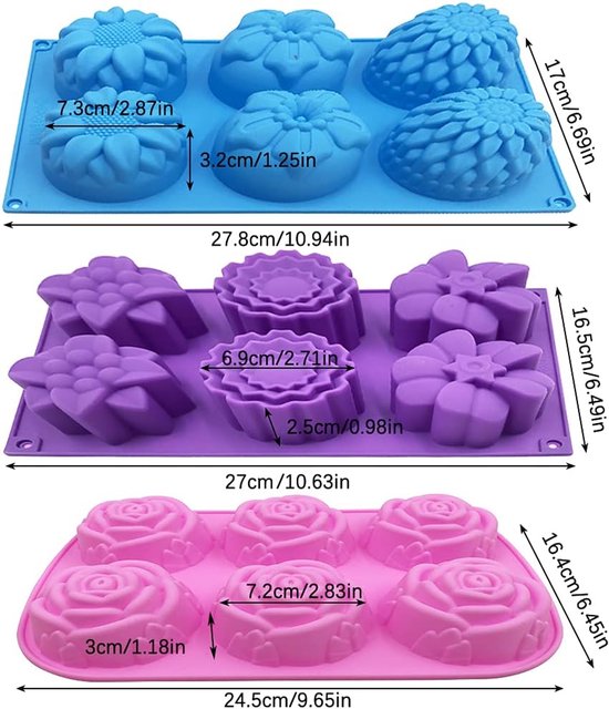 3 stuks zeepvormen, 6 holtes, siliconen bloemvormen bakvormen voor het maken van zeep, muffin, tabletjes, cupcake, cake, maancake — afbeelding 4