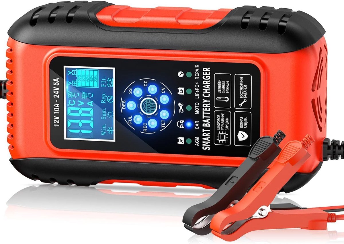 10 A autoacculader, 12 V/24 V, intelligente volautomatische auto-acculader met temperatuurcompensatie, intelligente oplader voor auto, motorfiets, vrachtwagen, grasmaaier, grasmaaier of boot