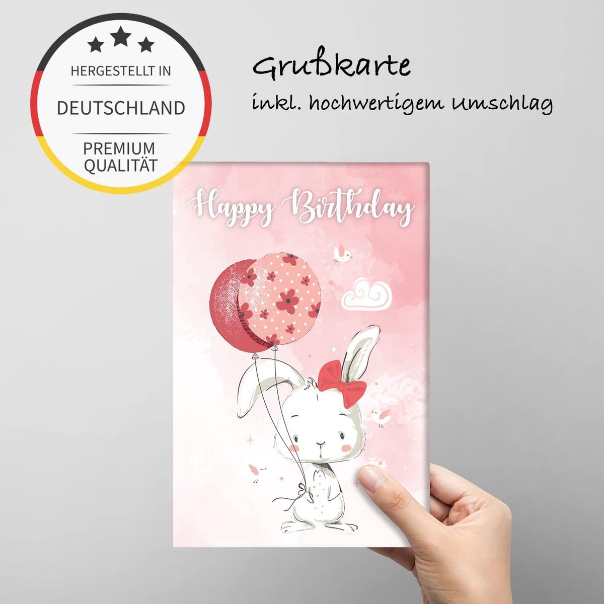 1 premium verjaardagskaart Happy Birthday, 18 x 12 cm, met witte envelop, dierenmotief, konijnkaart voor verjaardag, wenskaart Happy Birthday-kaart