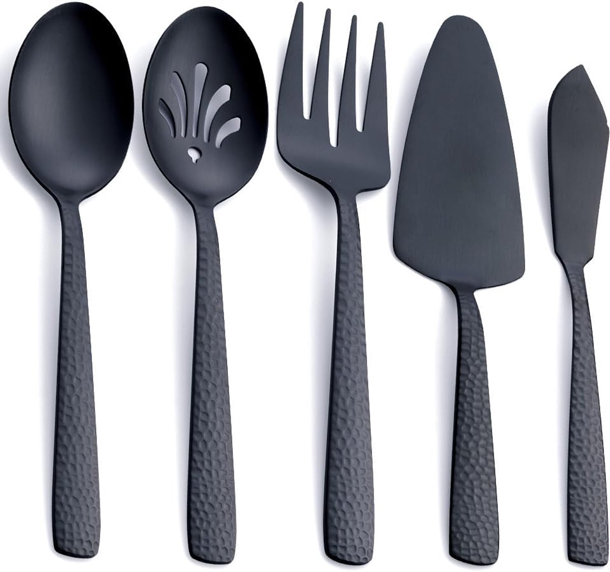 Serveerset van roestvrij staal, matzwart, 5-delige set inclusief lepel, sleuflepel, vork, taartschep en botermes
