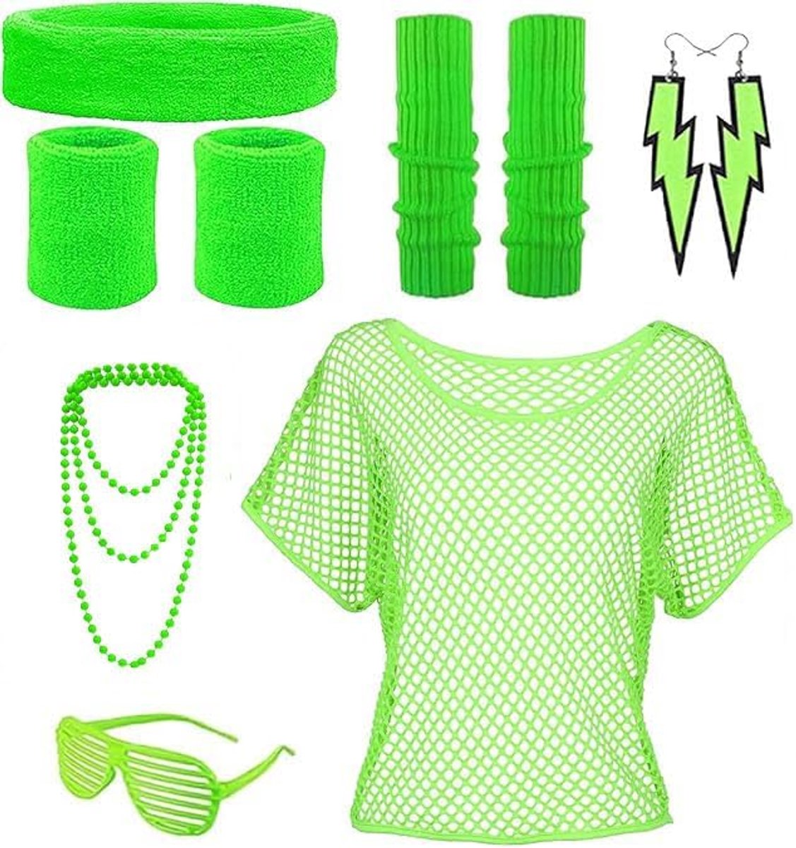 90 jaren 80 outfit voor dames, jaren '90-kostuumaccessoires, netbovendeel, hoofdband, beenwarmer, halsketting, bril en oorring, jaren 80-racketfeest voor carnaval, neon party