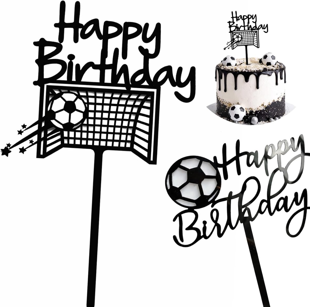 2 stuks taartdecoratie voetbal met Happy Birthday, acryl taarttopper voor verjaardagstaart, herbruikbare taartdecoratie, voetbal voor voetbalfeest, voetbaltaartdecoratie voor kinderverjaardag