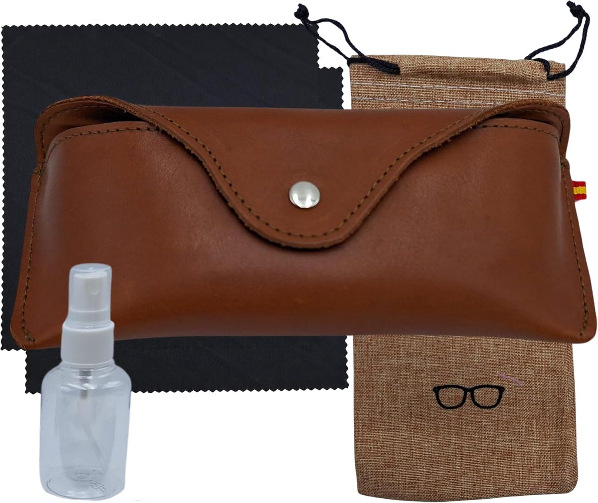 Brillenkoker voor bevestiging aan de riem, met knoopsluiting, handgemaakt in Spanje, inclusief stoffen tas, 2 reinigingsdoekjes en fles voor het reinigen van brillen.