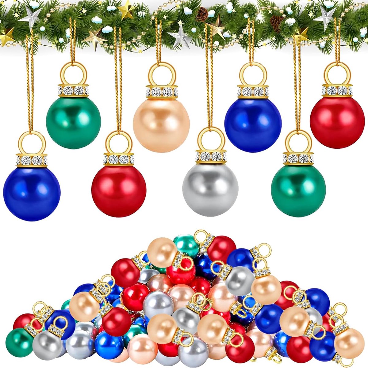Kerstballen, 80 stuks mini-kerstballen, mini-kerstballen van 16 mm, kleurrijke kerstballen met 10 m gouddraad voor slingers, trappen, ramen