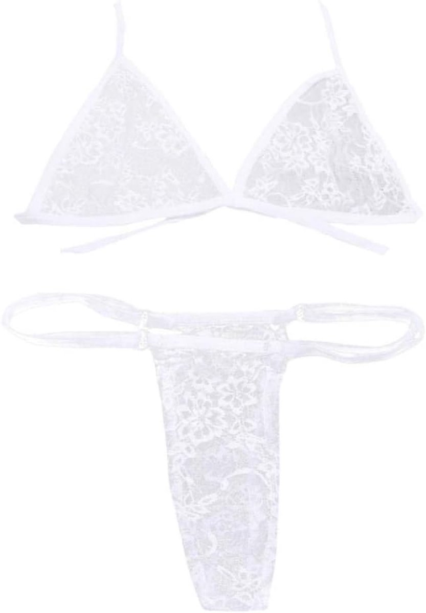 Klassiek Bh set Jarretellegordel en Kous LingerieVrouwen Sexy Lage Taille Holle Bikini Lingerie Set Vrouw Voeg pad Draadloze Beha Naadloze Lingerie-White_M