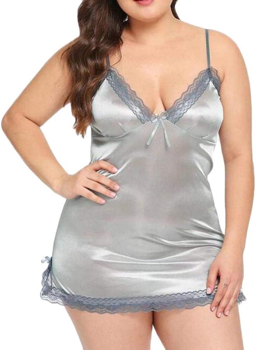 Dameskostuums Vrouwen Sexy Kant Met String Nachthemd Strik Lingerie Sexy Lingerie Vrouwelijk Erotic-Silver_3XL