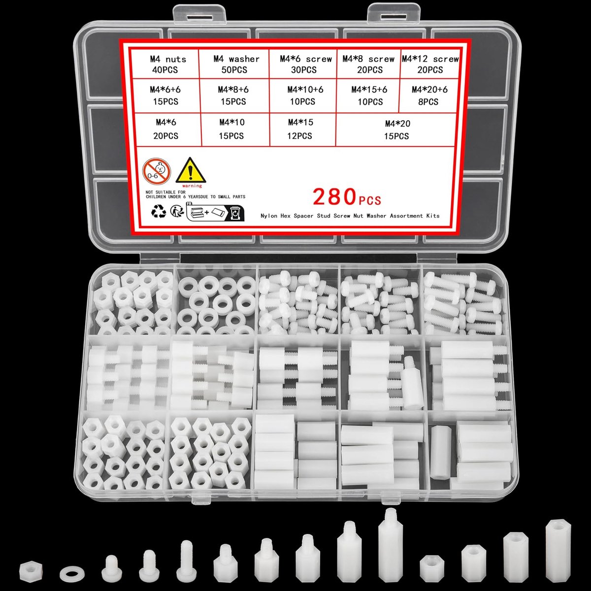 280 stuks M4 nylon schroeven, moeren, wit, nylon afstandhouders, schroefmoeren, mannelijke vrouwelijke PCB-printplaten, afstandhouders, kunststof, kruiskopschroeven, assortiment kit