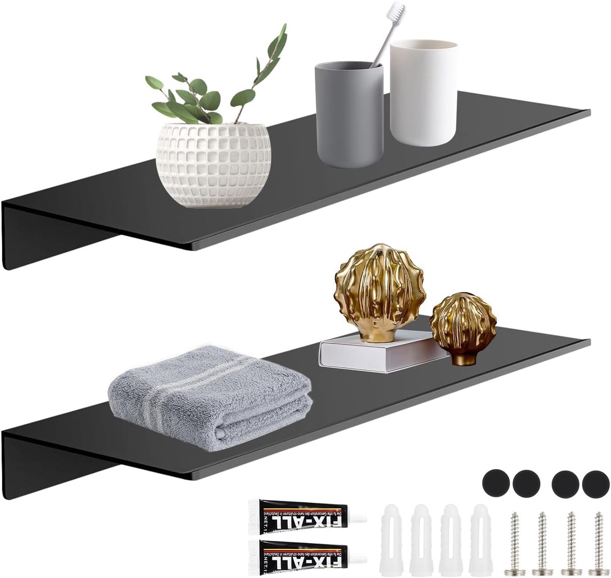 2 stuks zwarte wandplanken van aluminium, multifunctioneel modern wandrek voor badkamer, keuken, woonkamer en decoratie