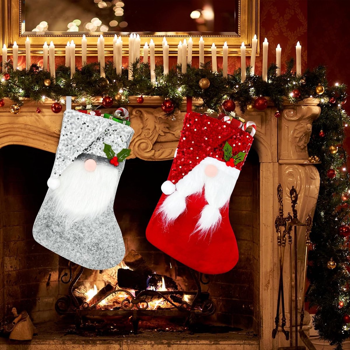 Groot, om te vullen, set van 2 glitters, open haard, kerstkousen, set van 2, haardsokken, kerstkous, om op te hangen, kerstdecoratie, sokken, rood en grijs