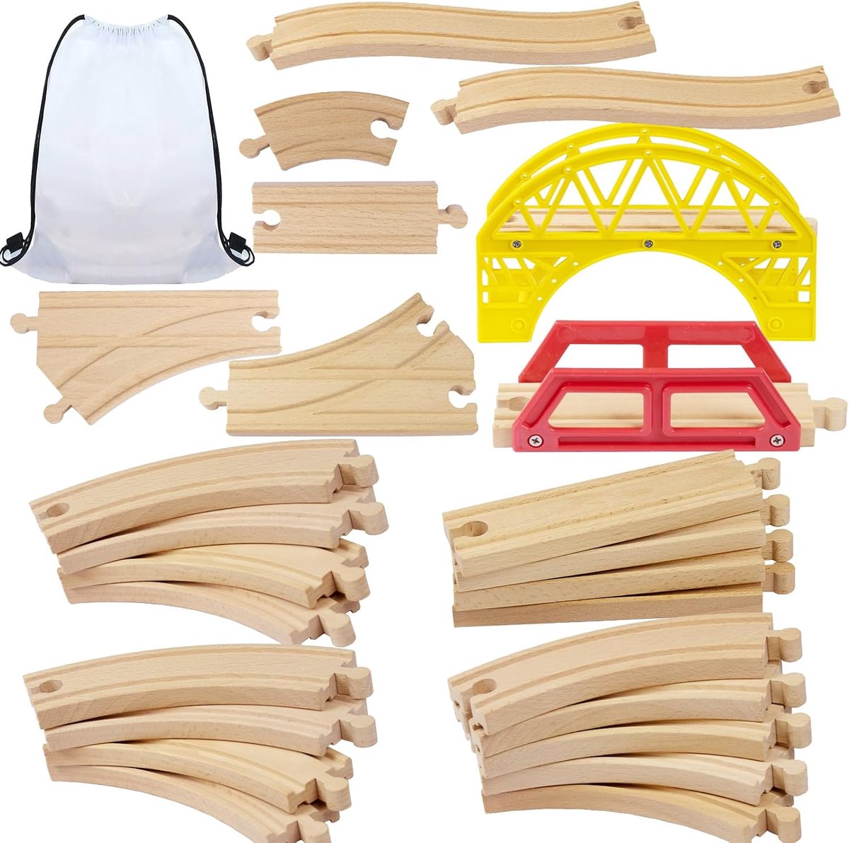 25 stuks houten spoorbaanrails, met S-rail, kruising, wissels