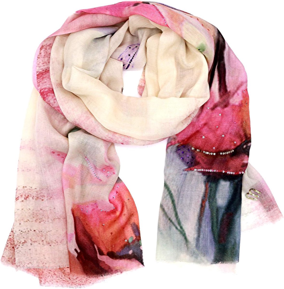 Kasjmier, zijde, sjaal, luxe mode, sjaals, damesmode, kasjmier, glanzende roos met pailletten, design, made in Germany, roze, wit, 70 cm / 180 cm