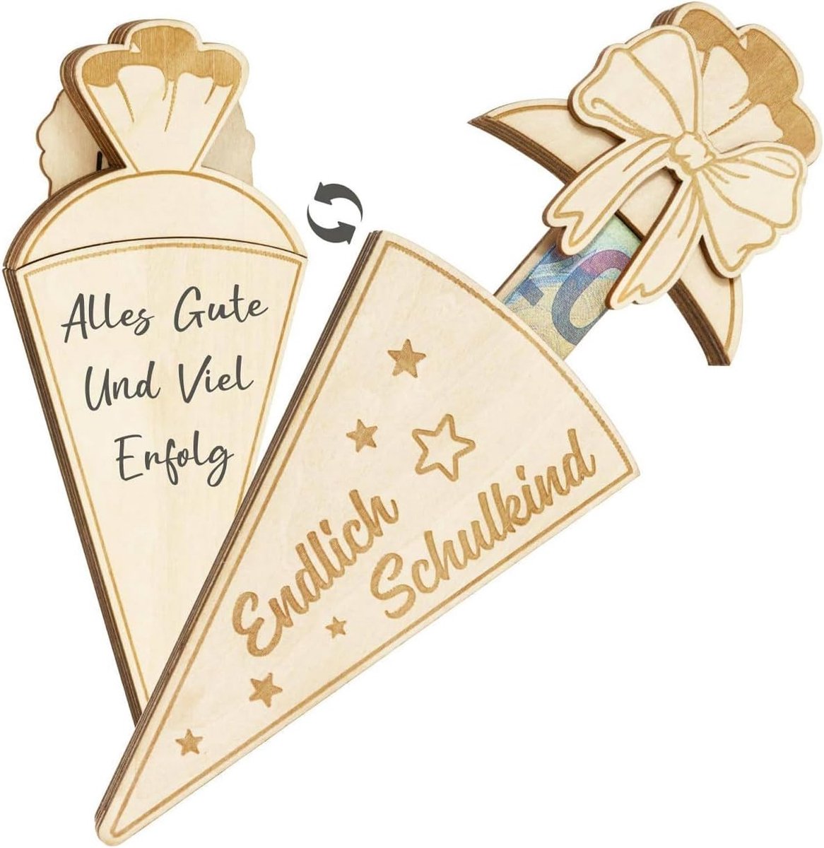Snoephoorn voor eerste schooldag, 1 stuk van natuurlijk hout, gegraveerd "Endlich Schulkind", traditionele decoratie voor het herinneren van de eerste schooldag