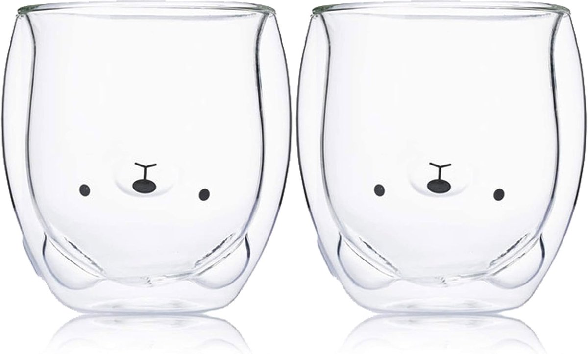 Set van 2 schattige kopjes van dubbelwandig glas voor melkkoffiekopje, theekopje voor, 250 ml, beer