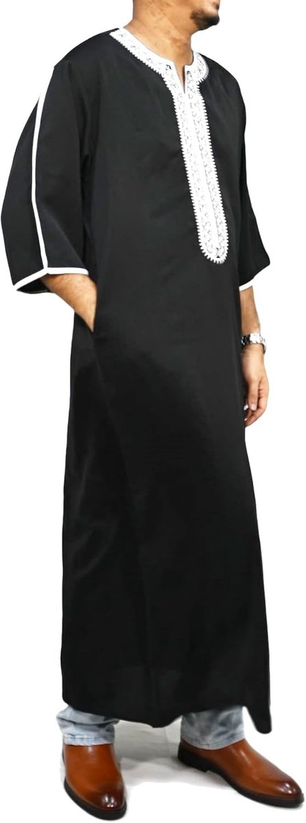 Kaftan Met Witte Borduurdetails, Rechte Losse Pasvorm En Brede Korte Mouwen