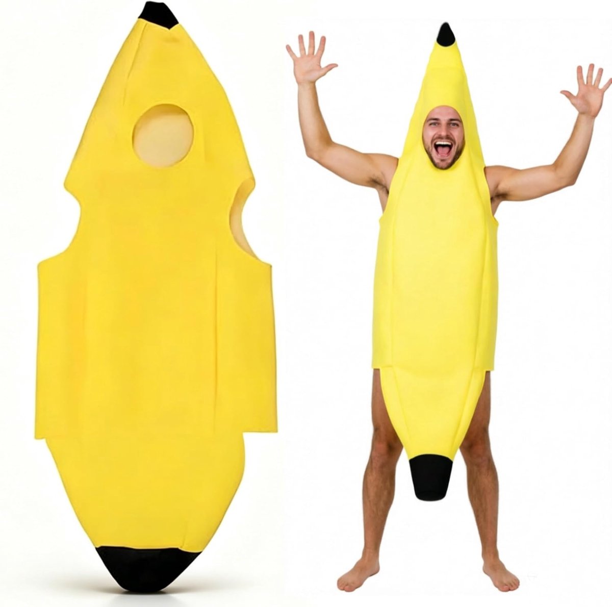 Bananenkostuum voor volwassenen, uniseks, grappig, bananenfruit, bodysuit, fruitverkleedset, carnavalsoutfit, cool en cool kostuum voor Halloween, carnaval, verkleedpartij, cosplay, geel