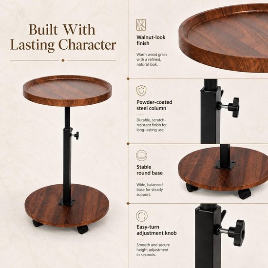 Bijzettafel, rond, met wieltjes, in hoogte verstelbaar (45-80 cm), ronde houten bijzettafels, 360° draaibaar, walnoothouten afwerking, kleine salontafel voor woonkamer, bank (walnoot) — afbeelding 3
