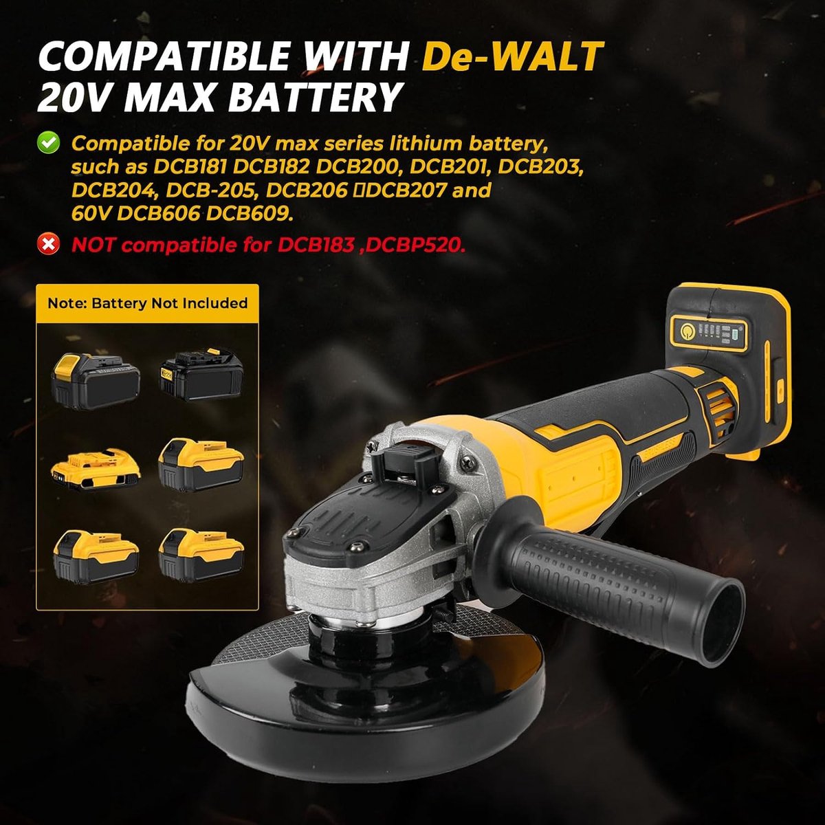 Haakse slijper voor Dewalt 18V/20V accu, 8000RPM borstelloze slijpmachine met 125mm slijpschijven voor snijden, slijpen, polijsten (geen accu) thumbnail 2