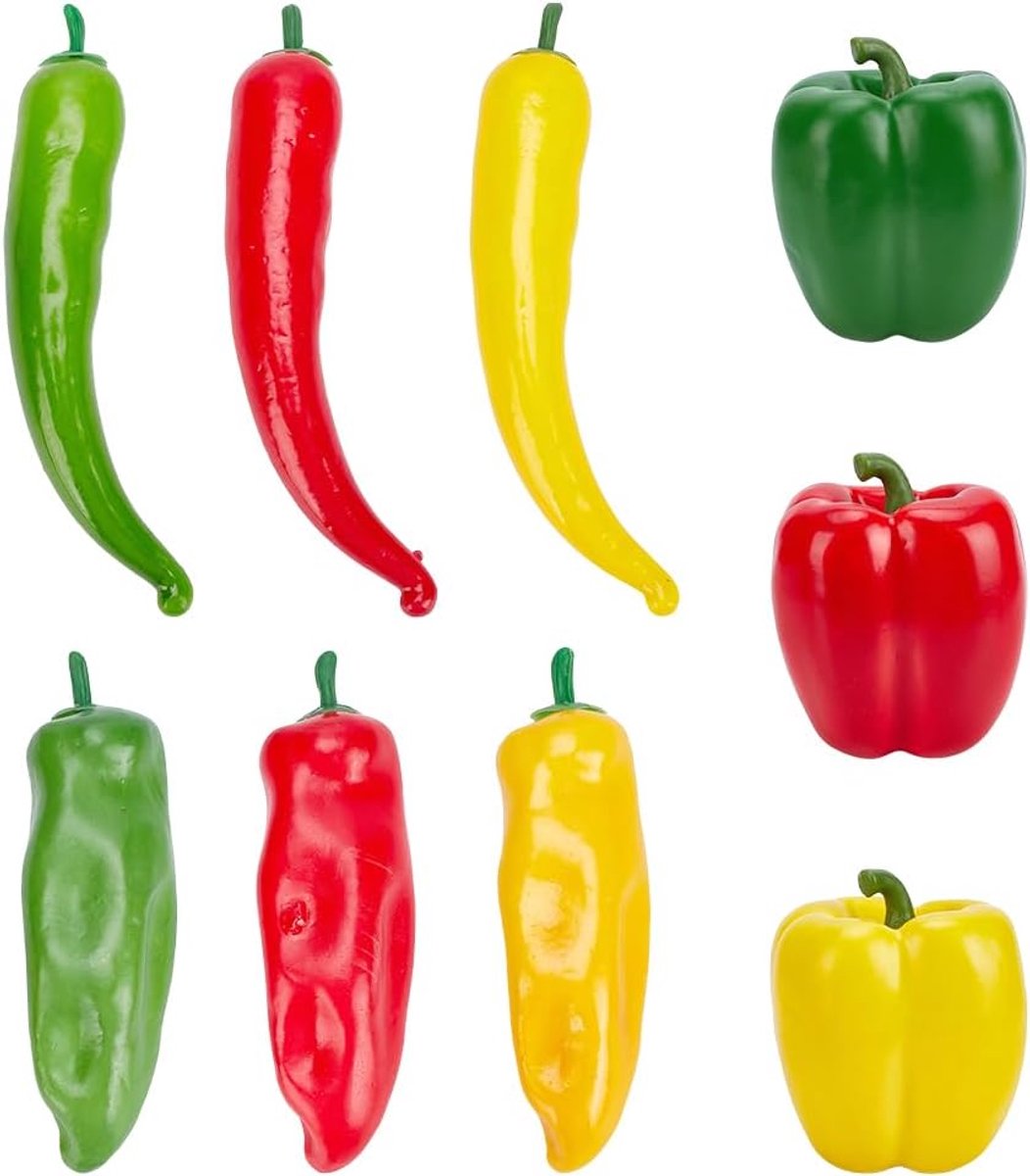 9 stuks kunstmatige paprika's, 9 stijlen, groentedecoratie