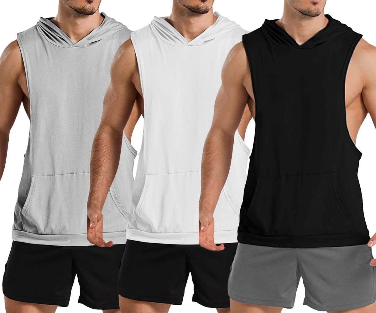 Tanktop voor heren, Kleding, Sport Kleding Heren, Mouwloos, Spiershirt, Workout, Fitness, Hoodie, Bodybuilding, Spieren, Capuchon, Tanktops, Zwart + Wit + Grijs, L
