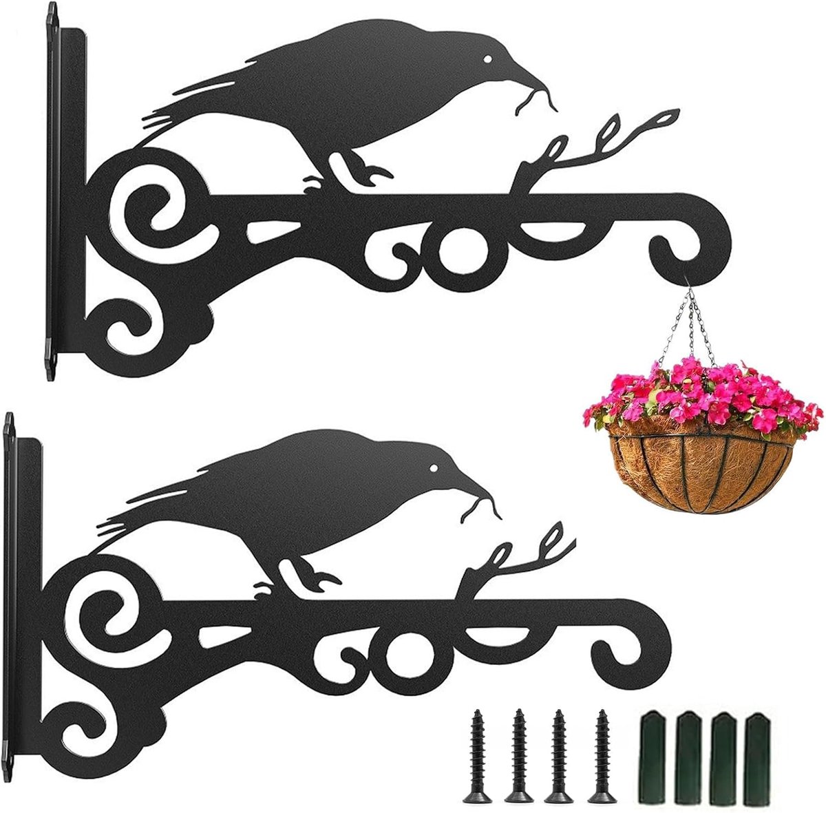 2 stuks bloembakhouders van metaal, bloempotwandhouder, plantenhanger van ijzer, voor lantaarns, plantenbakken, vogelhuisjes, windklokken (vogel met worm in de snavel)