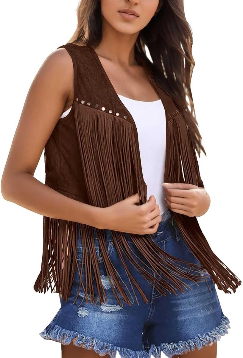 Damesvest van imitatiesuède met franjes, open aan de voorkant, mouwloos, hippie-kleding uit de jaren '70, westerse boho-jas