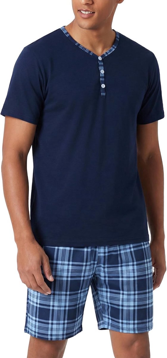 Zomerpyjama voor heren, katoen, pyjamaset met korte mouwen en broek, korte pyjama, 2-delig, met zakken, S-XXL