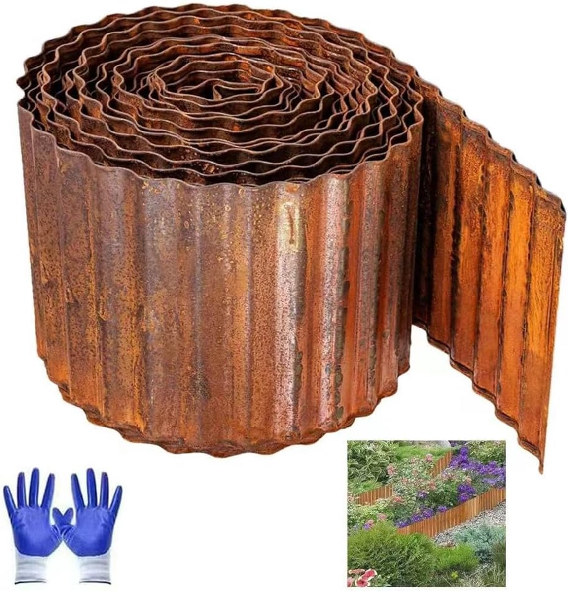 12M Grasrand van cortenstaal, bloembedrand van metaal, 15 cm hoog, eenvoudige montage, robuust stay-in-place design, metalen gazonrand, voor tuinperk, gazon en paden, incl. handschoenen