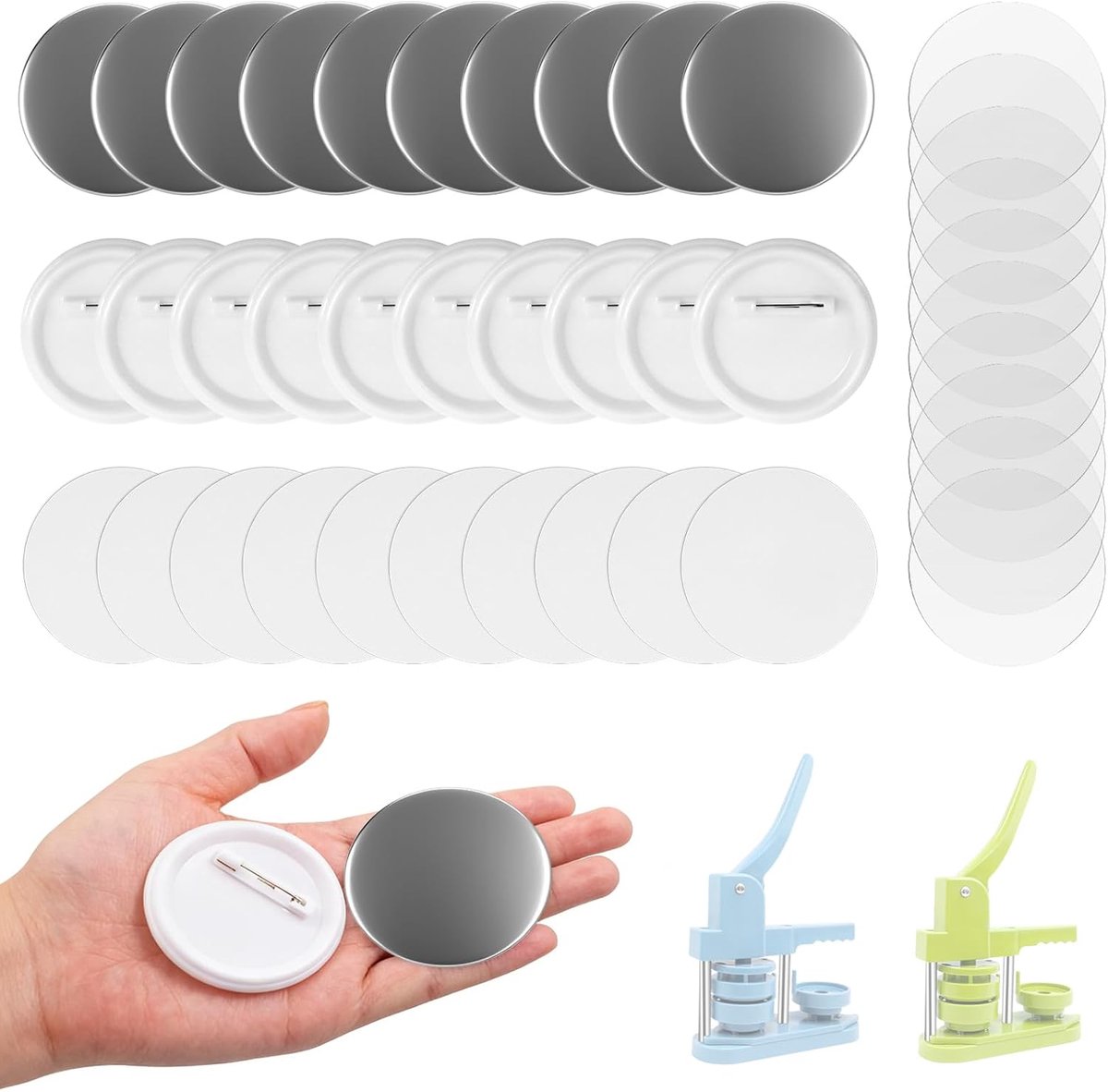 100 stuks knopblanko's 58 mm, knoppen zelf maken set inclusief metalen afdekking, kunststof achterzijde met speld, transparante folie & ronde blanco papieren, DIY-accessoires voor knopmachine