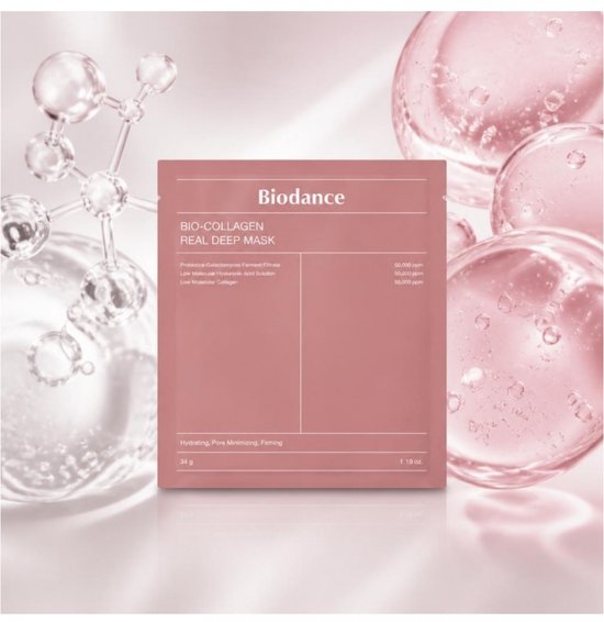 Roze verpakking van Biodance Bio-Collagen Real Deep Mask, omringd door waterdruppels.