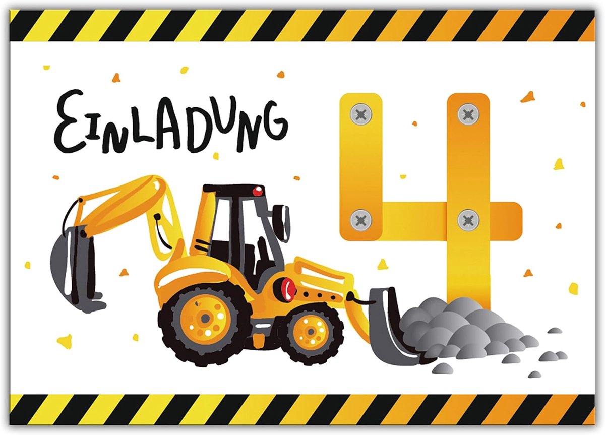 12 uitnodigingskaarten voor de vierde kinderverjaardag jongens bouwplaats graafmachine