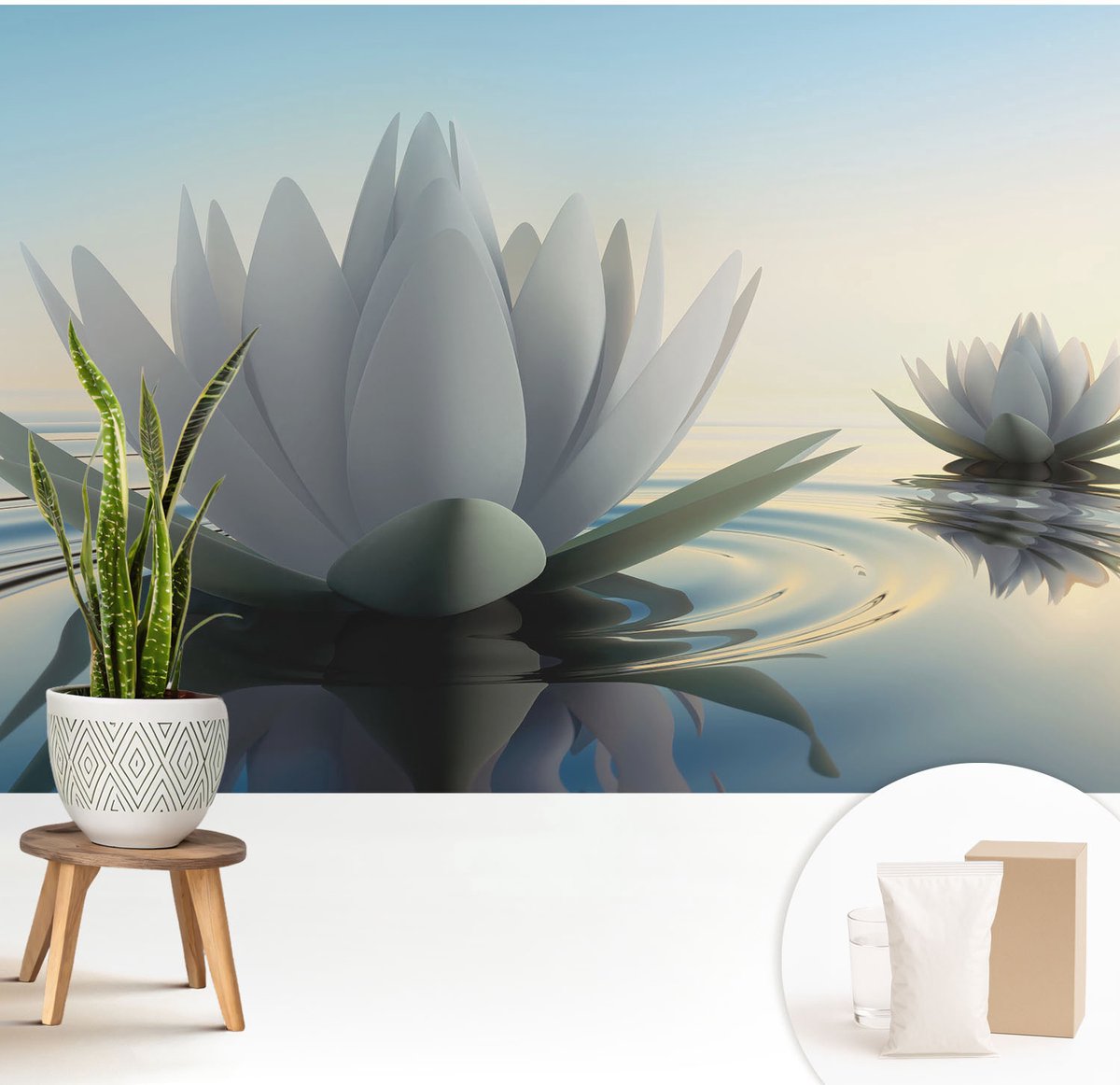 Wallfluent Fotobehang - Wit Vliesbehang - 208x146 cm - Waterlelies Fotobehang Vlies - Woonkamer behang Bloemen En Planten - Muurschildering - Hal behang