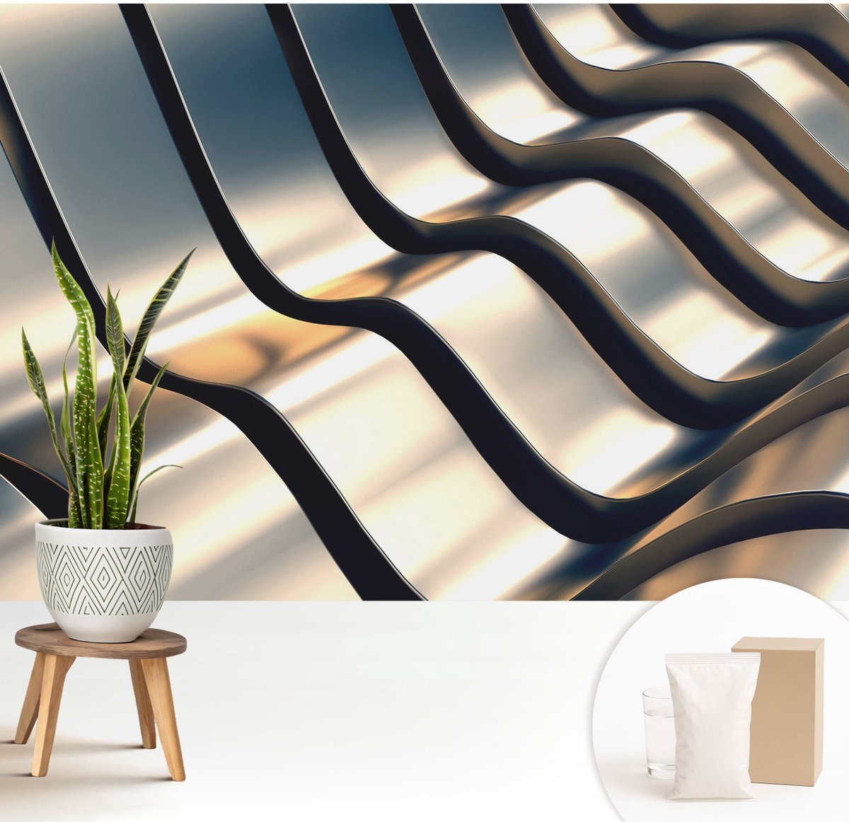 Wallfluent Fotobehang - Grijs Vliesbehang - 208x146 cm - Metalgolven Fotobehang Vlies - Hal behang Geometrie - Muurschildering - Woonkamer behang