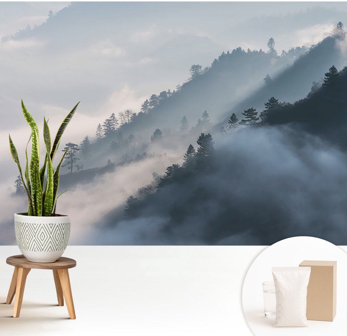 Wallfluent Fotobehang - Wit Vliesbehang - 208x146 cm - Mistig Landschap Fotobehang Vlies - Woonkamer behang Landschappen - Muurschildering - Hal behang