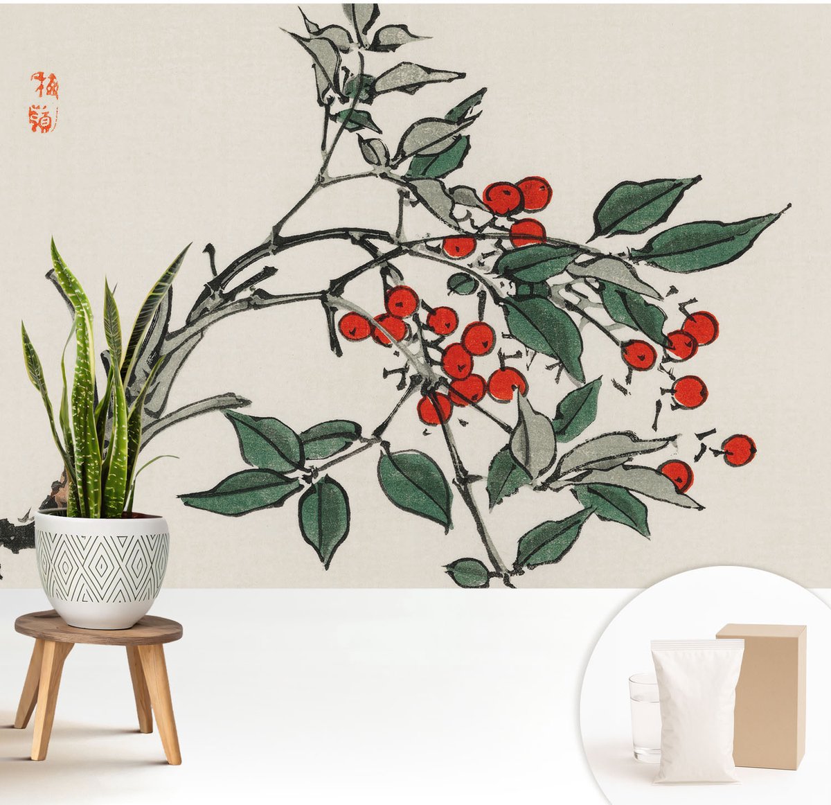 Wallfluent Fotobehang - Zwart Vliesbehang - 208x146 cm - Een Takje Bessen Muurschildering - Gang behang Bloemen En Planten - Fotobehang Vlies - Gang behang